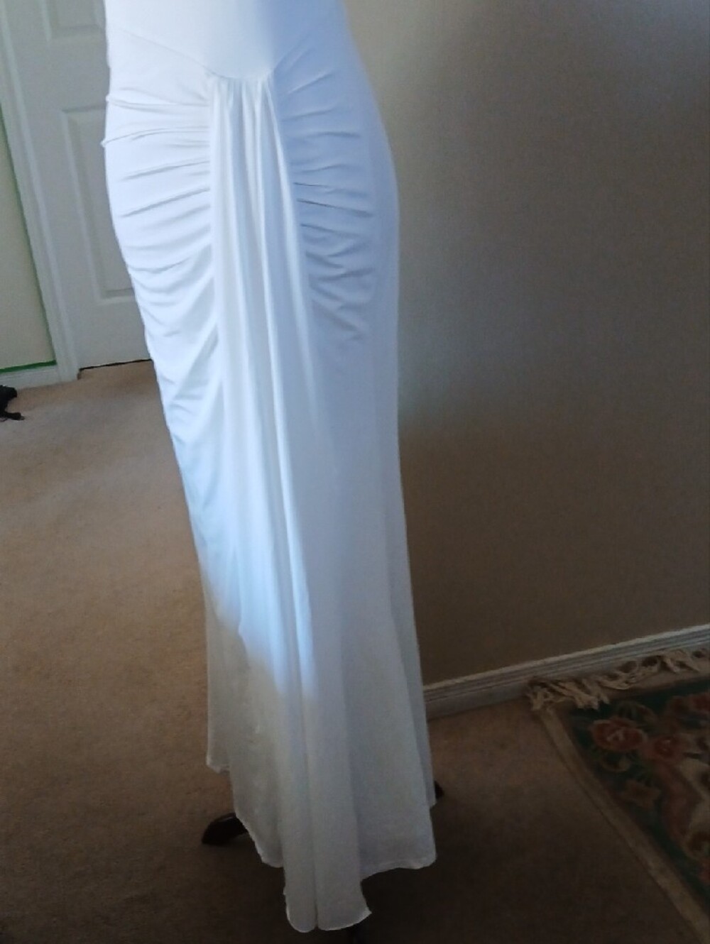 Off-Shoulder White Ruched Maxi Dress - Picture 7 of 13